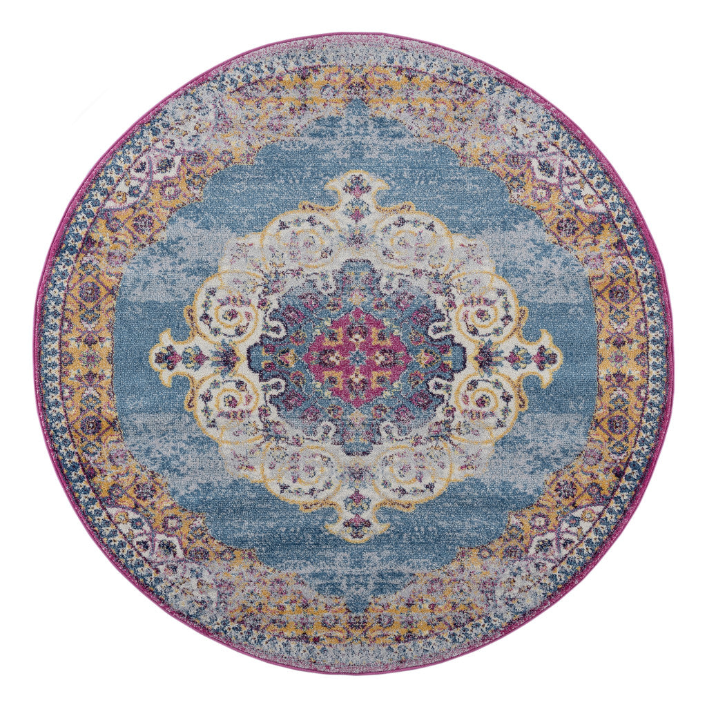 6' Blue and Orange Floral Medallion Power Loom Round Rug