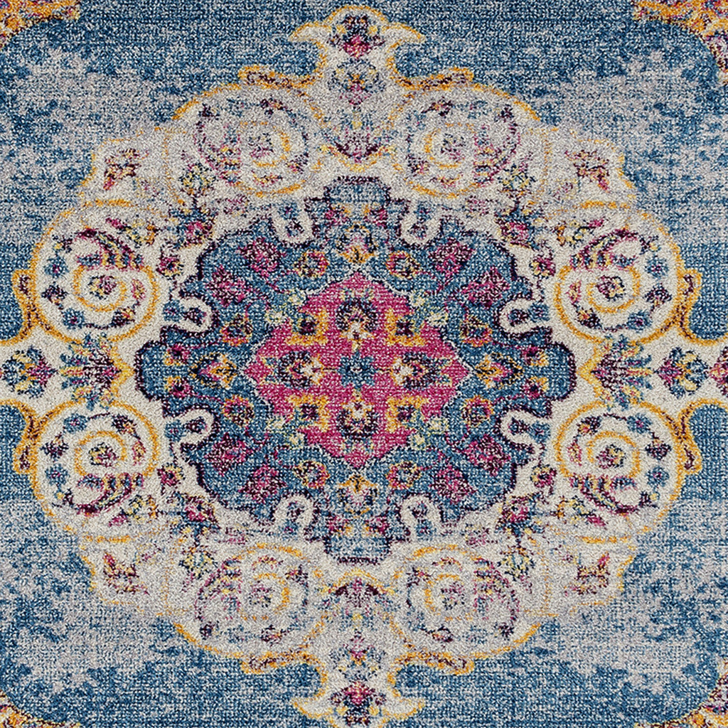 6' Blue and Orange Floral Medallion Power Loom Round Rug