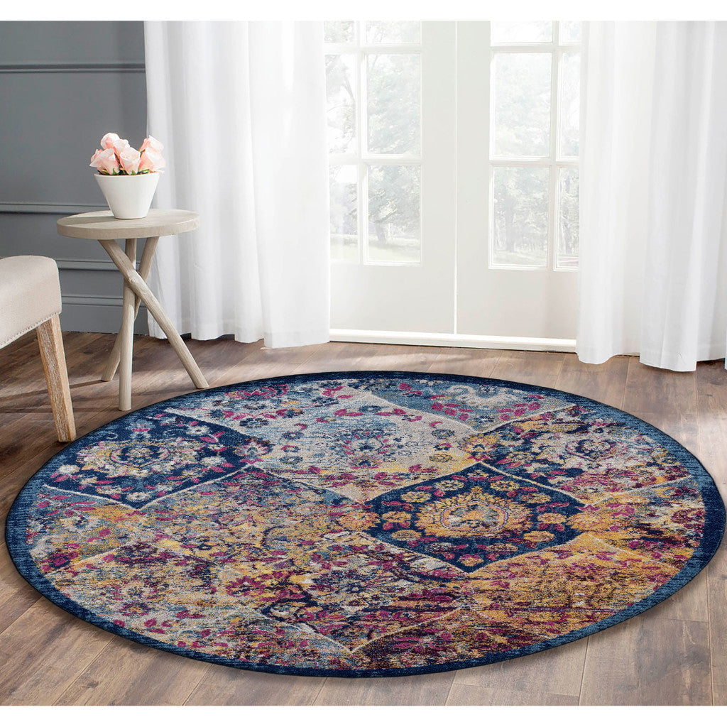 7' Gray Navy and Gold Moroccan Power Loom Runner Rug