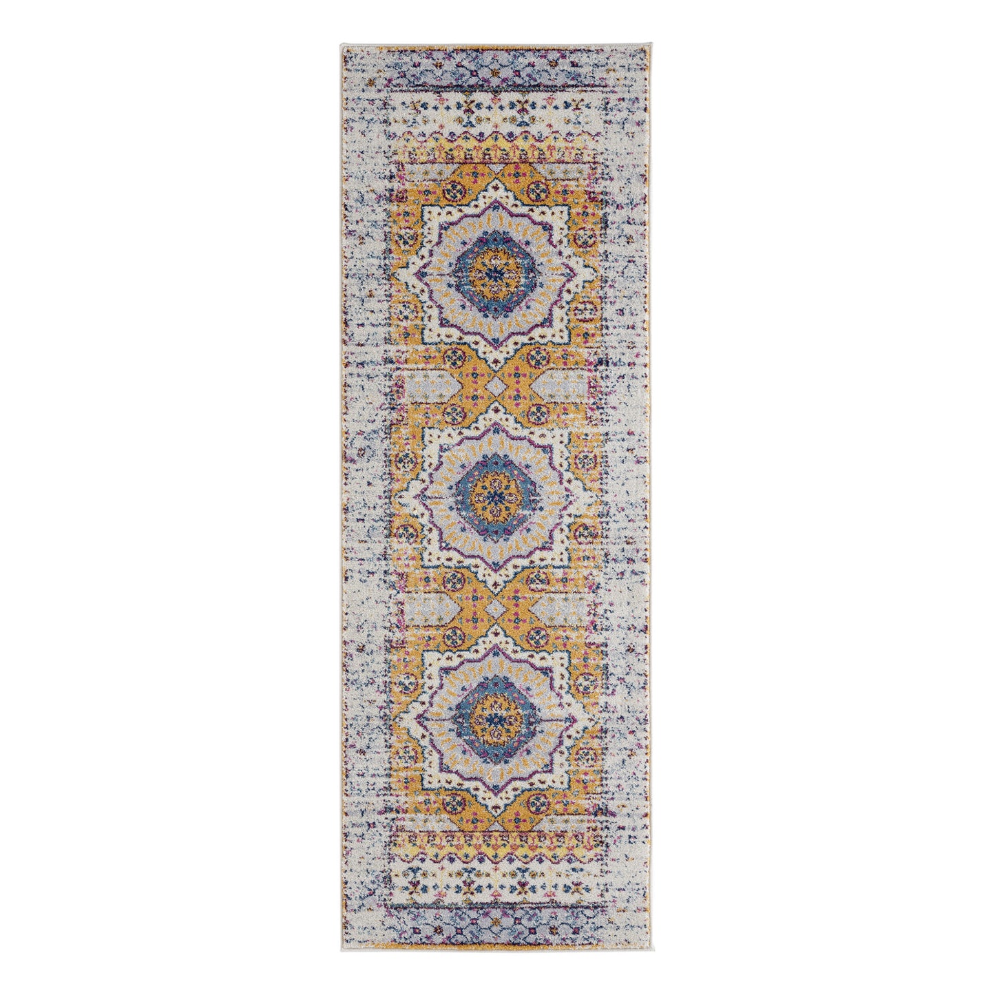 7' Ivory Blue and Orange Medallion Power Loom Runner Rug