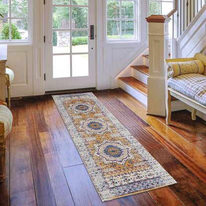 7' Ivory Blue and Orange Medallion Power Loom Runner Rug