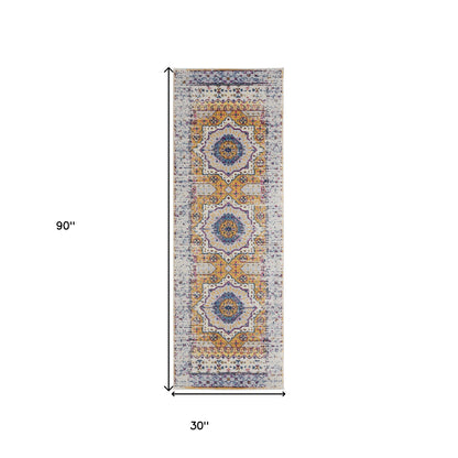 7' Ivory Blue and Orange Medallion Power Loom Runner Rug