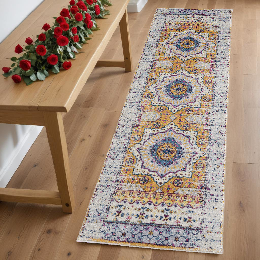 7' Ivory Blue and Orange Medallion Power Loom Runner Rug