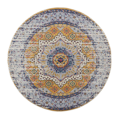 7' Ivory Blue and Orange Medallion Power Loom Runner Rug