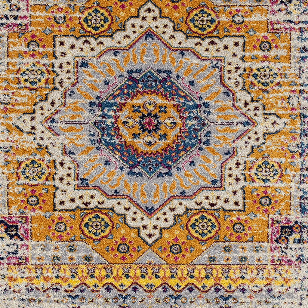 7' Ivory Blue and Orange Medallion Power Loom Runner Rug