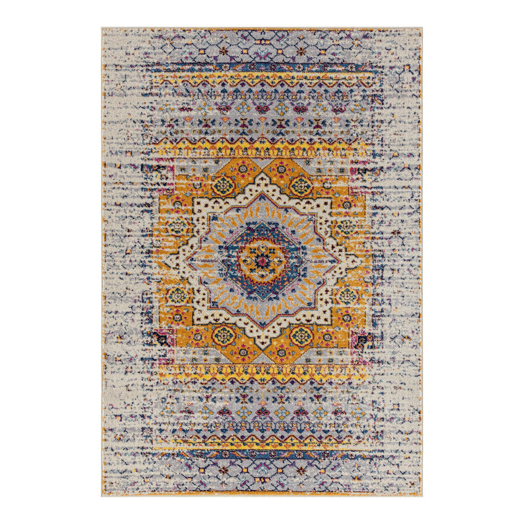 7' Ivory Blue and Orange Medallion Power Loom Runner Rug