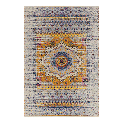 7' Ivory Blue and Orange Medallion Power Loom Runner Rug