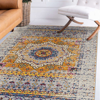 7' Ivory Blue and Orange Medallion Power Loom Runner Rug