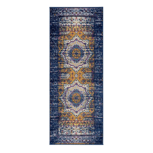 6' Ivory Navy and Orange Medallion Power Loom Runner Rug