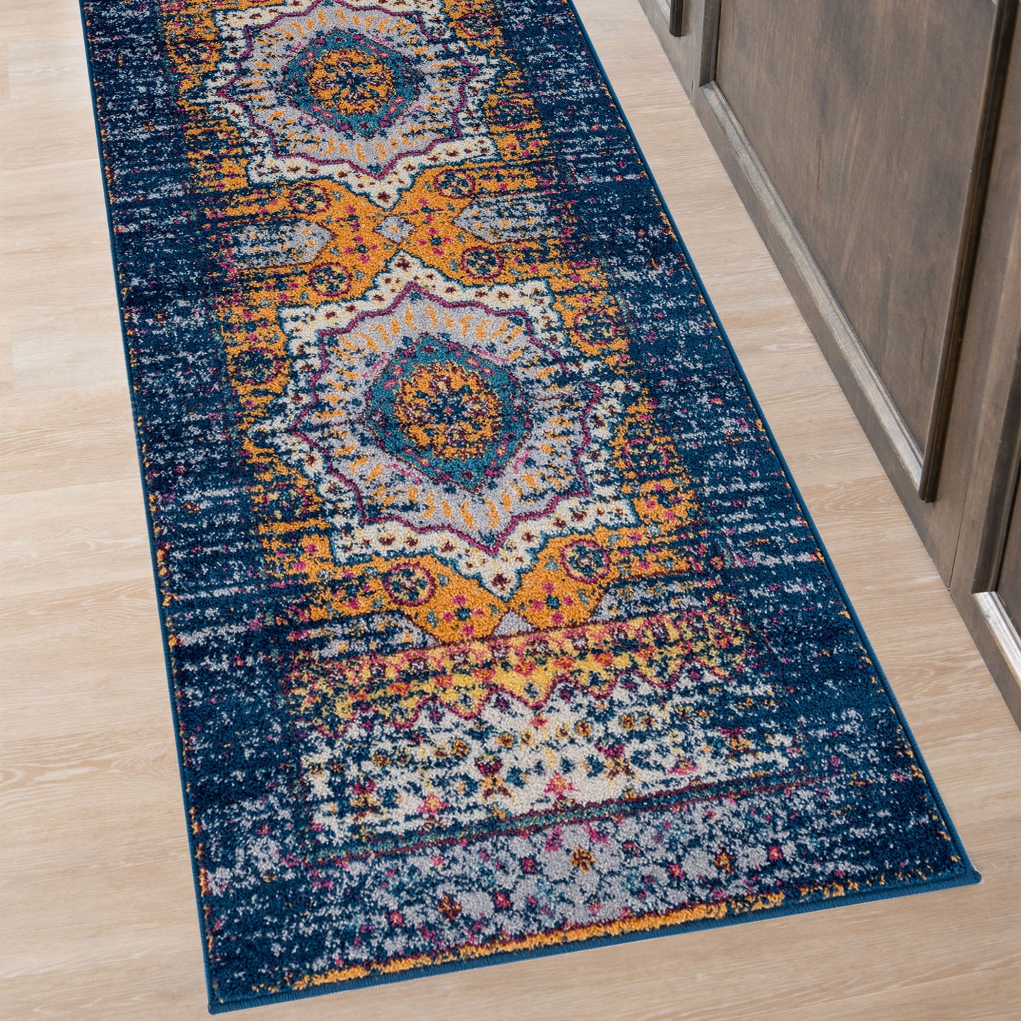 6' Ivory Navy and Orange Medallion Power Loom Runner Rug