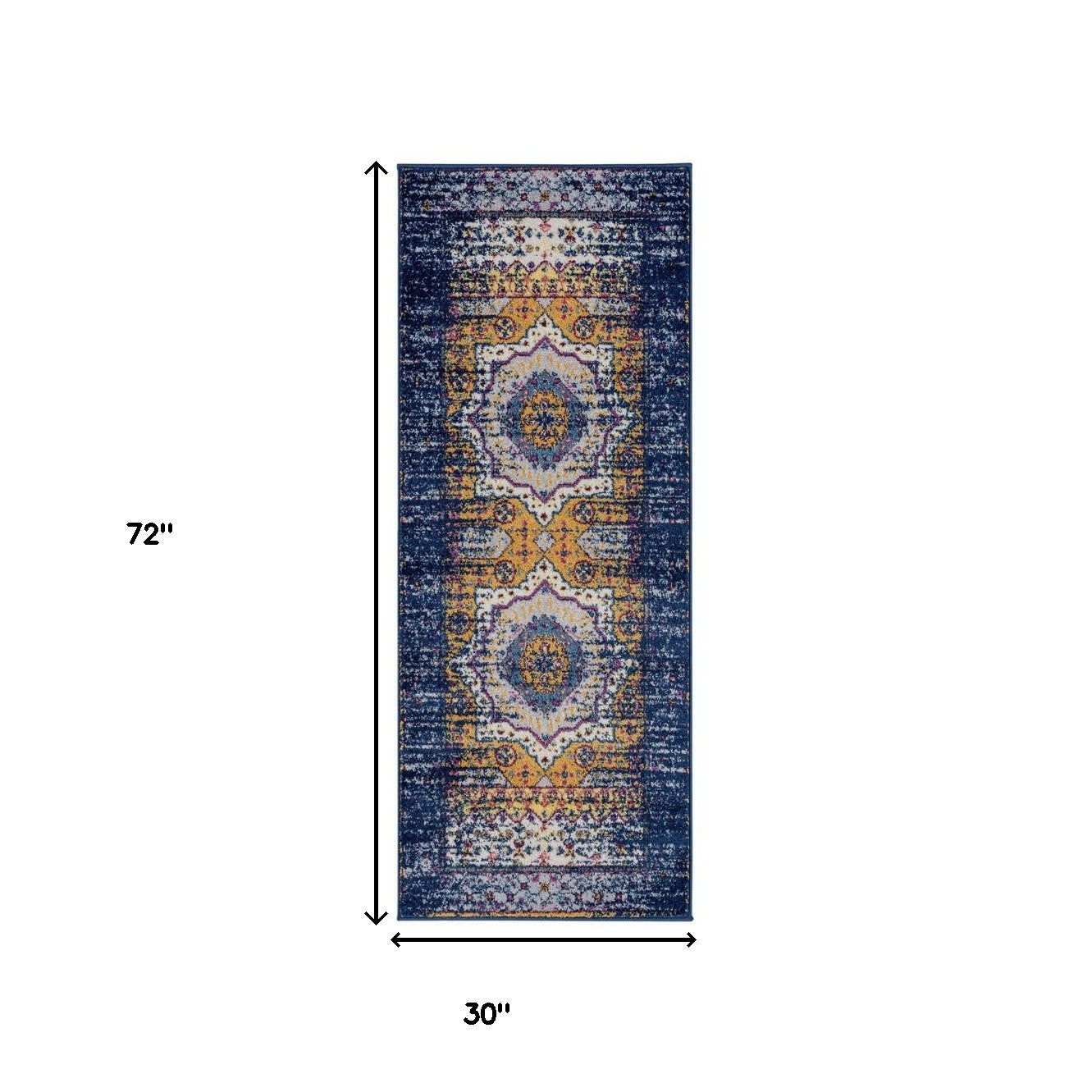 6' Ivory Navy and Orange Medallion Power Loom Runner Rug