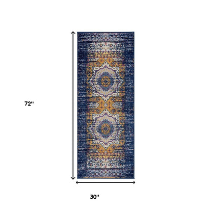 6' Ivory Navy and Orange Medallion Power Loom Runner Rug