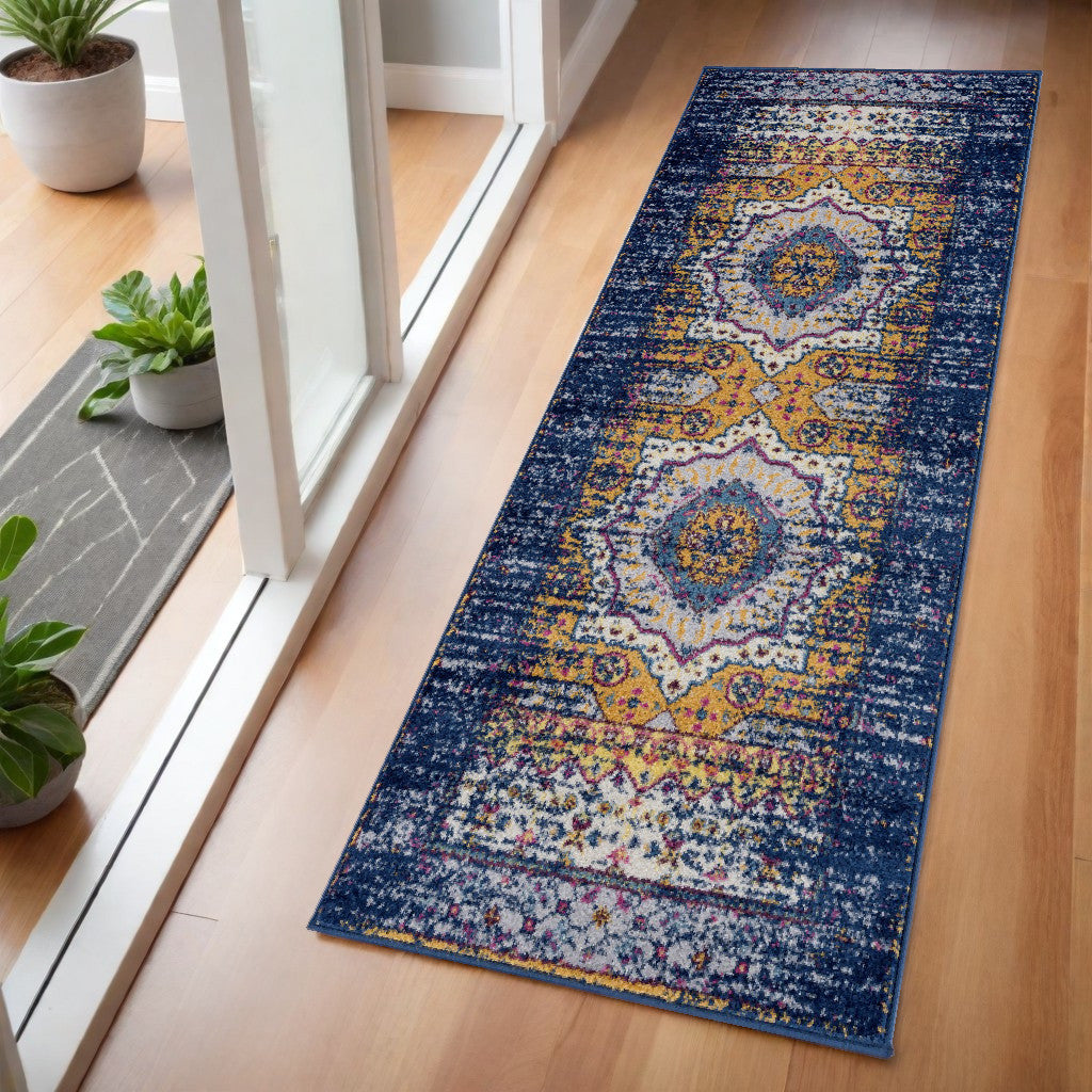 6' Ivory Navy and Orange Medallion Power Loom Runner Rug