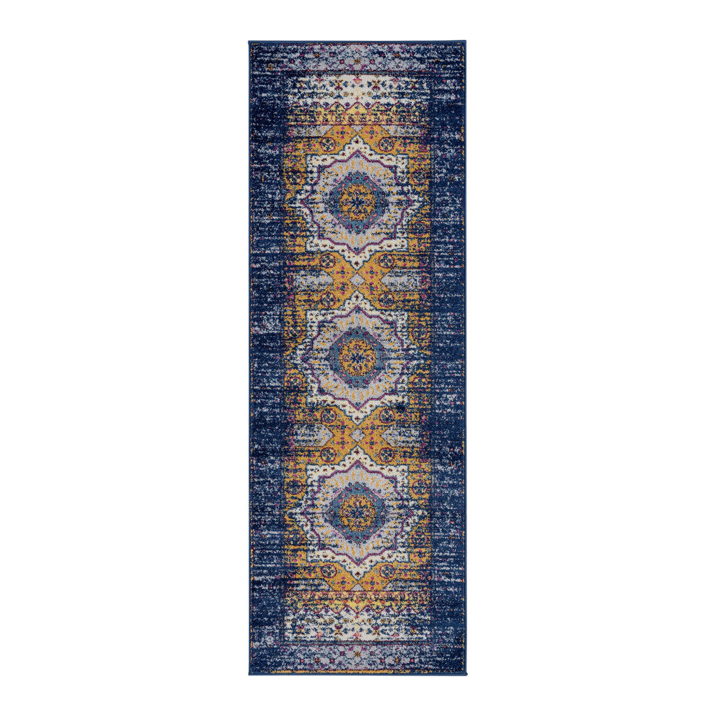 6' Ivory Navy and Orange Medallion Power Loom Runner Rug