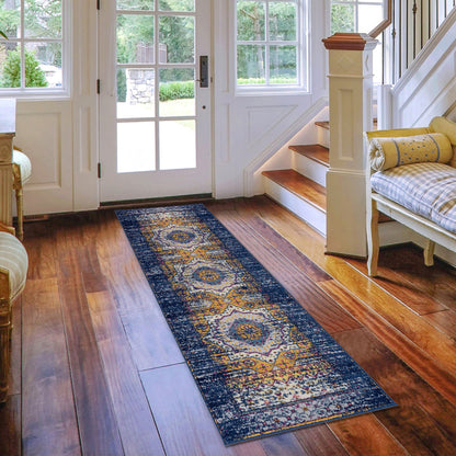 6' Ivory Navy and Orange Medallion Power Loom Runner Rug