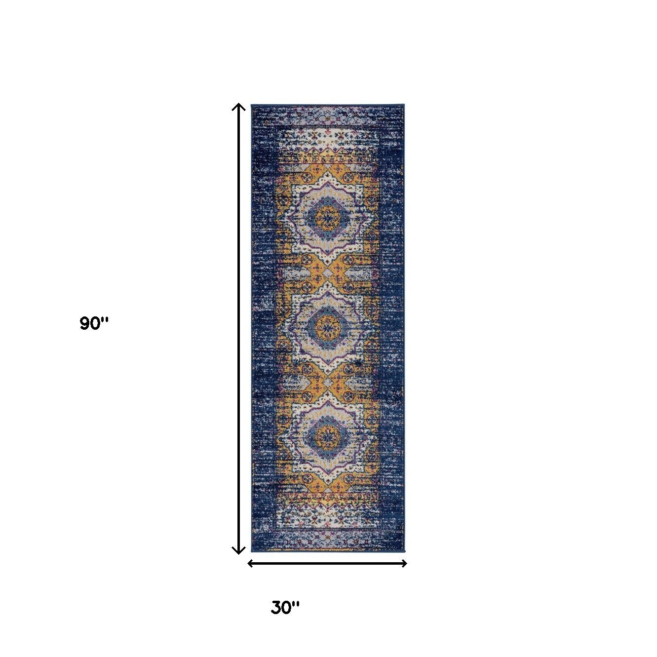 6' Ivory Navy and Orange Medallion Power Loom Runner Rug