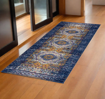 6' Ivory Navy and Orange Medallion Power Loom Runner Rug