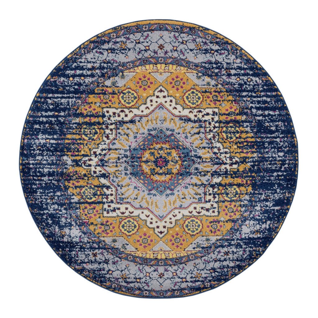 6' Ivory Navy and Orange Medallion Power Loom Runner Rug