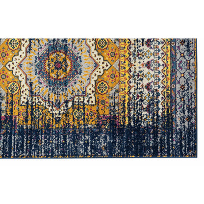 6' Ivory Navy and Orange Medallion Power Loom Runner Rug