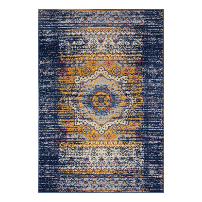 6' Ivory Navy and Orange Medallion Power Loom Runner Rug