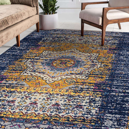 6' Ivory Navy and Orange Medallion Power Loom Runner Rug