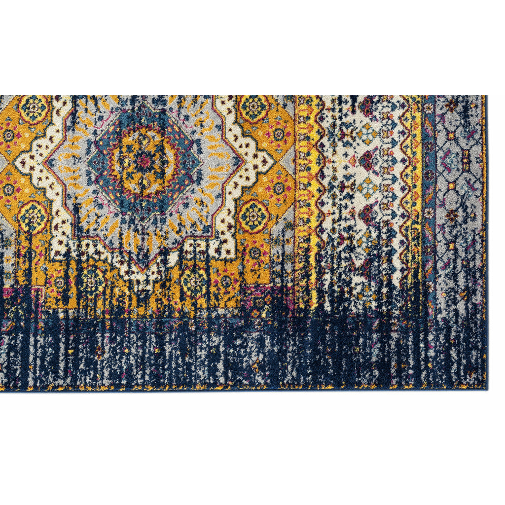 6' Ivory Navy and Orange Medallion Power Loom Runner Rug