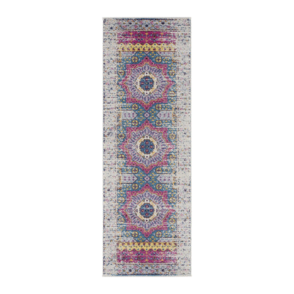 7' Ivory Pink and Blue Medallion Power Loom Runner Rug