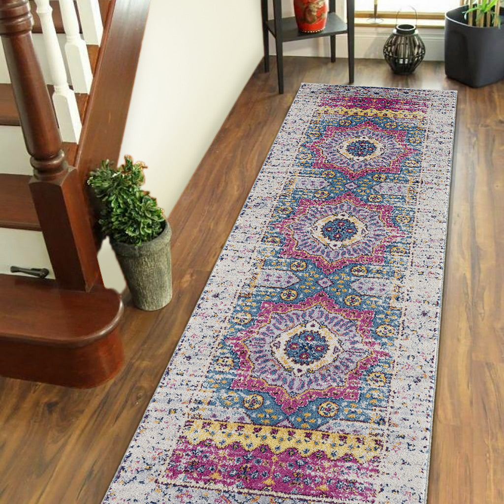 7' Ivory Pink and Blue Medallion Power Loom Runner Rug