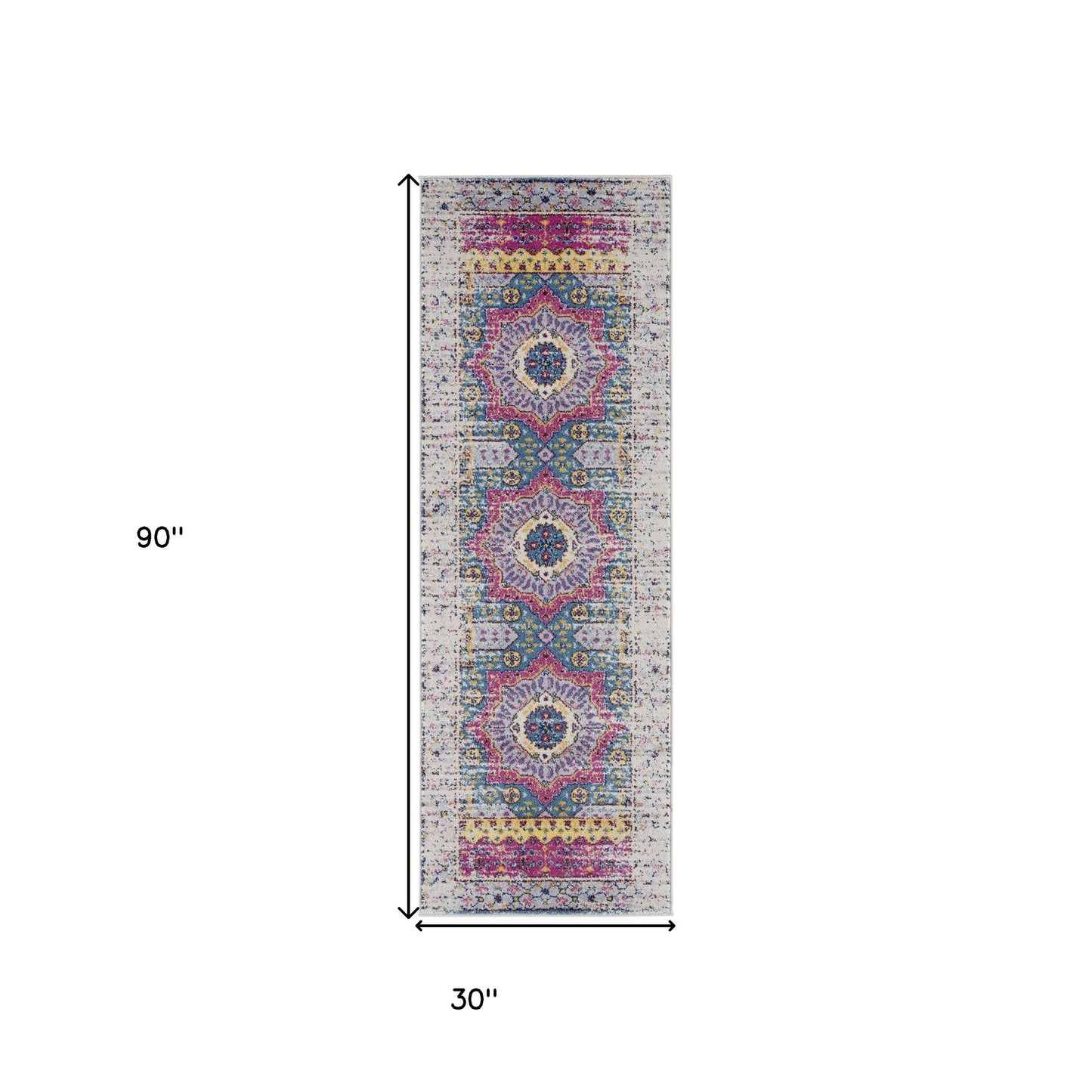 7' Ivory Pink and Blue Medallion Power Loom Runner Rug