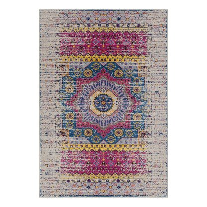 7' Ivory Pink and Blue Medallion Power Loom Runner Rug