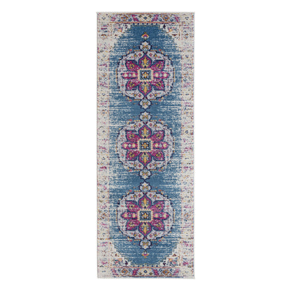 7' Turquoise Pink and Yellow Medallion Power Loom Runner Rug