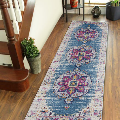 7' Turquoise Pink and Yellow Medallion Power Loom Runner Rug