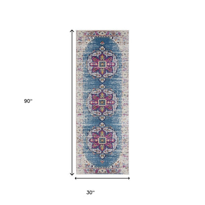 7' Turquoise Pink and Yellow Medallion Power Loom Runner Rug