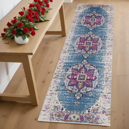 7' Turquoise Pink and Yellow Medallion Power Loom Runner Rug