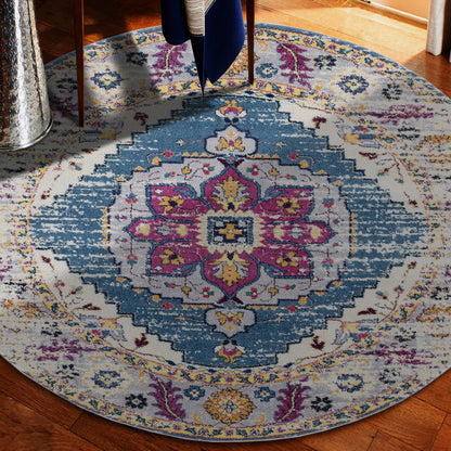 7' Turquoise Pink and Yellow Medallion Power Loom Runner Rug