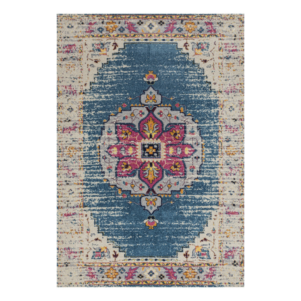 7' Turquoise Pink and Yellow Medallion Power Loom Runner Rug