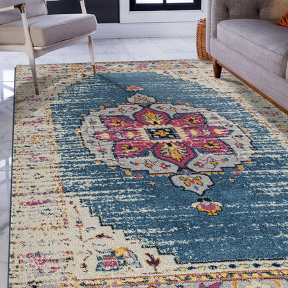 7' Turquoise Pink and Yellow Medallion Power Loom Runner Rug