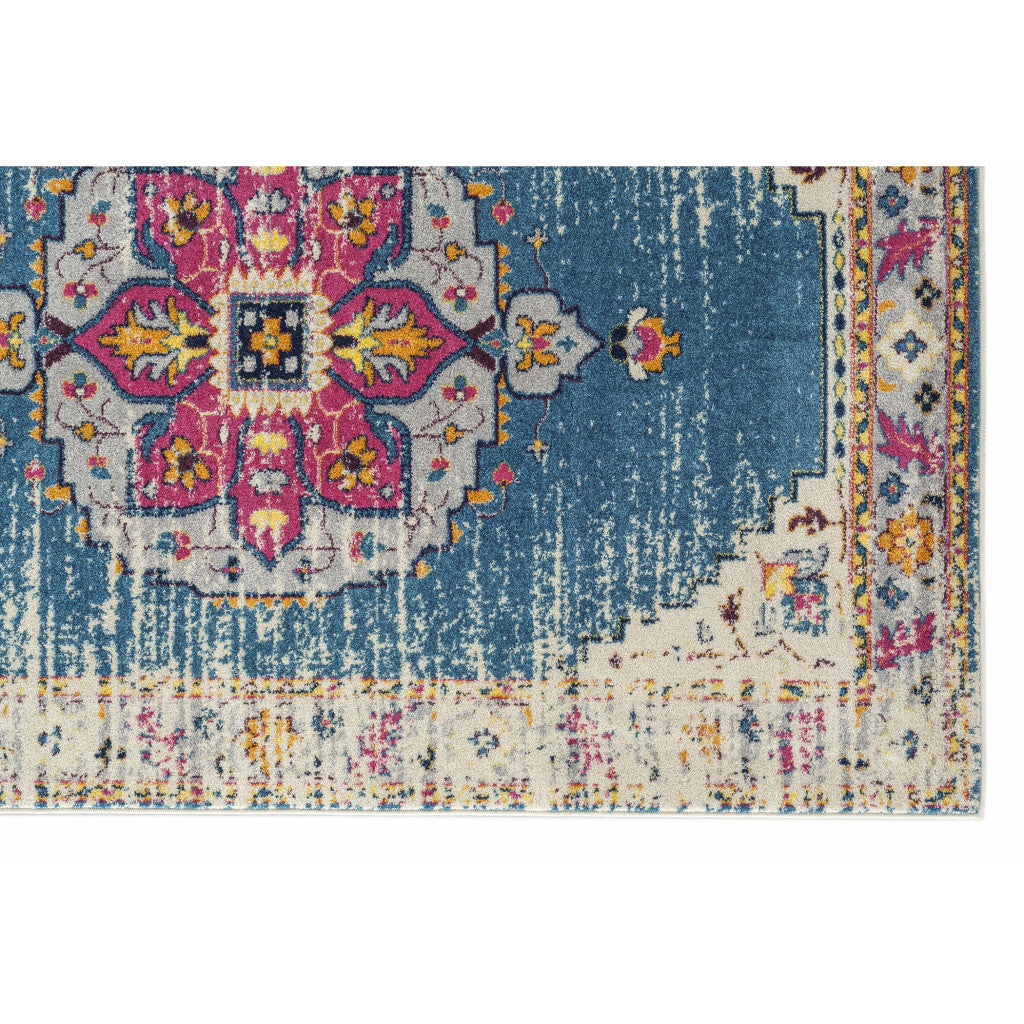 7' Turquoise Pink and Yellow Medallion Power Loom Runner Rug