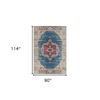 7' Turquoise Pink and Yellow Medallion Power Loom Runner Rug