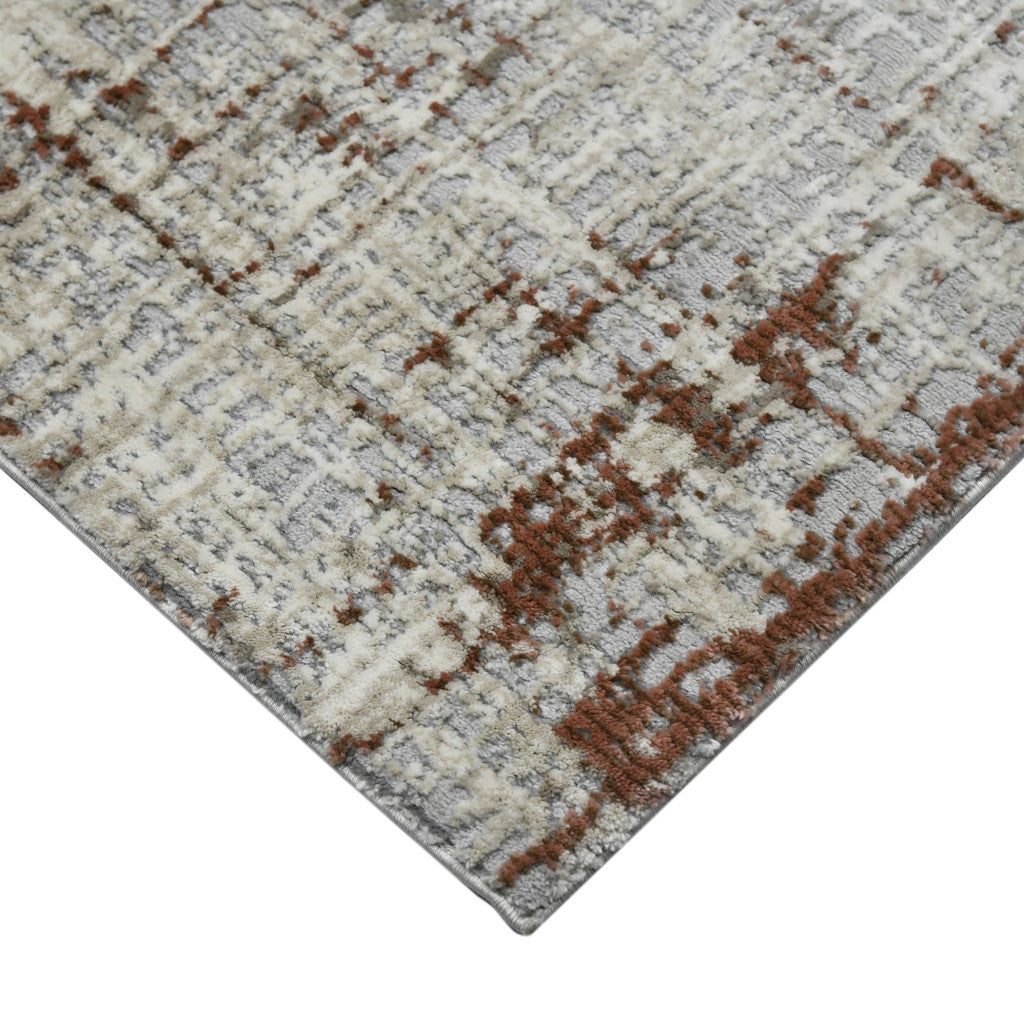 10' Ivory Red And Gray Abstract Runner Rug