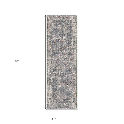 2' X 3' Ivory Navy and Orange Oriental Power Loom Area Rug