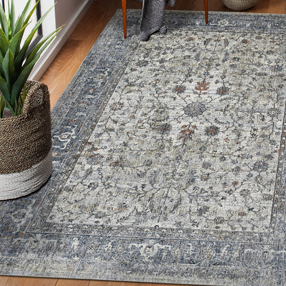 8' Ivory Blue And Gray Oriental Runner Rug