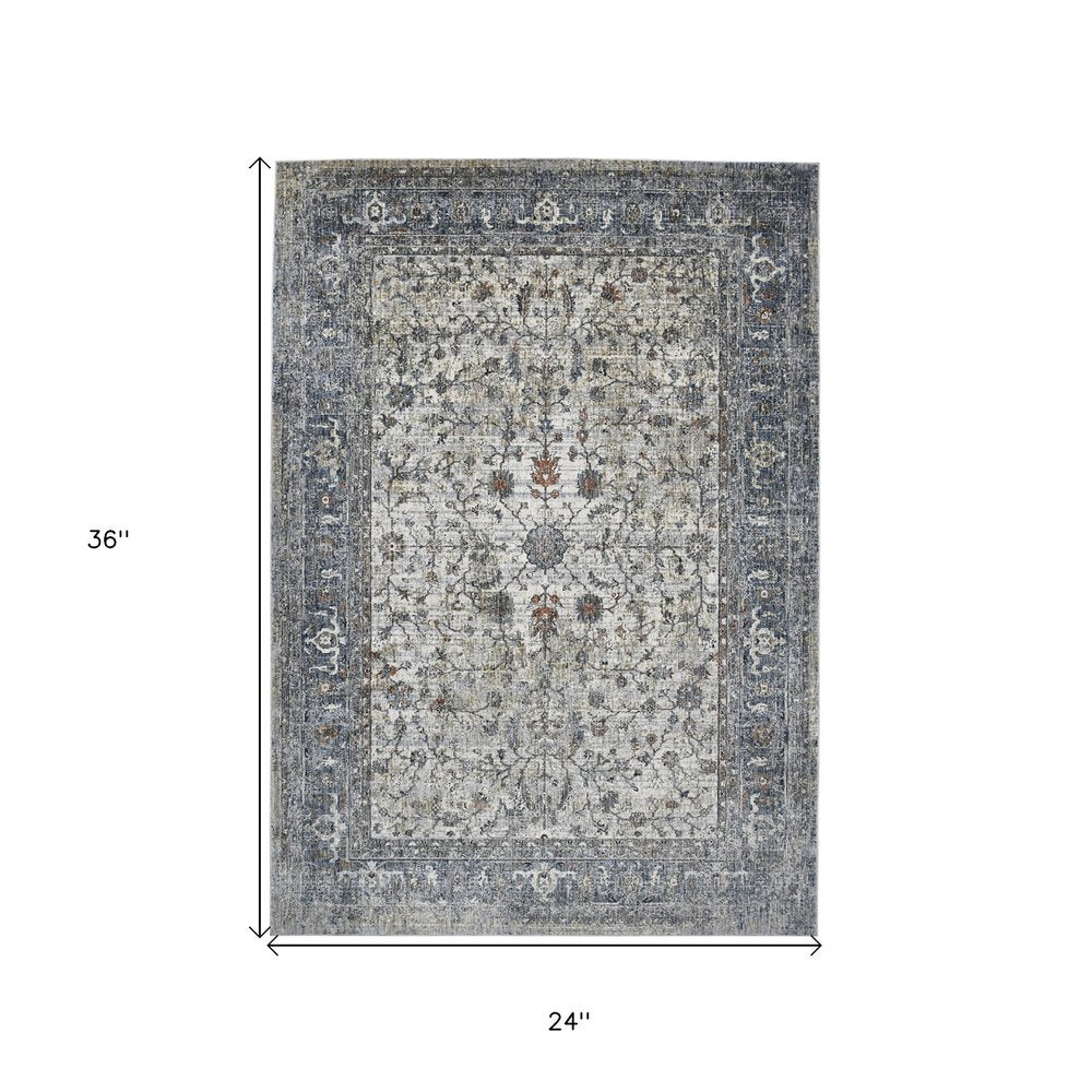8' Ivory Blue And Gray Oriental Runner Rug