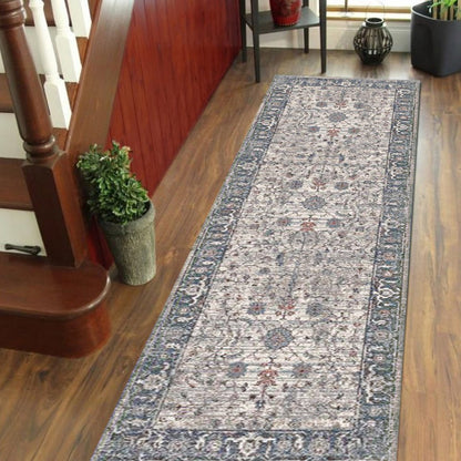 8' Ivory Blue And Gray Oriental Runner Rug