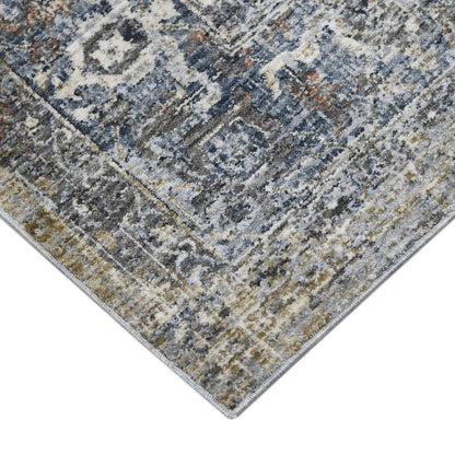 8' Ivory Blue And Gray Oriental Runner Rug