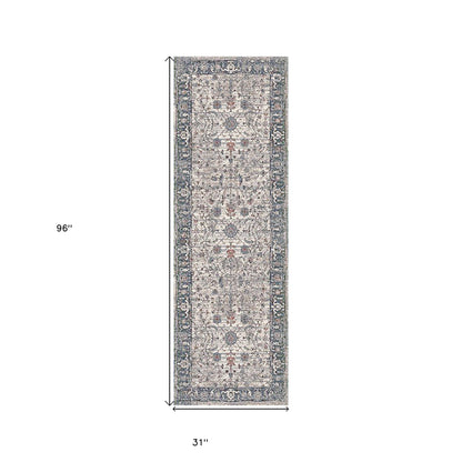 2' X 3' Ivory Blue and Gray Oriental Power Loom Area Rug