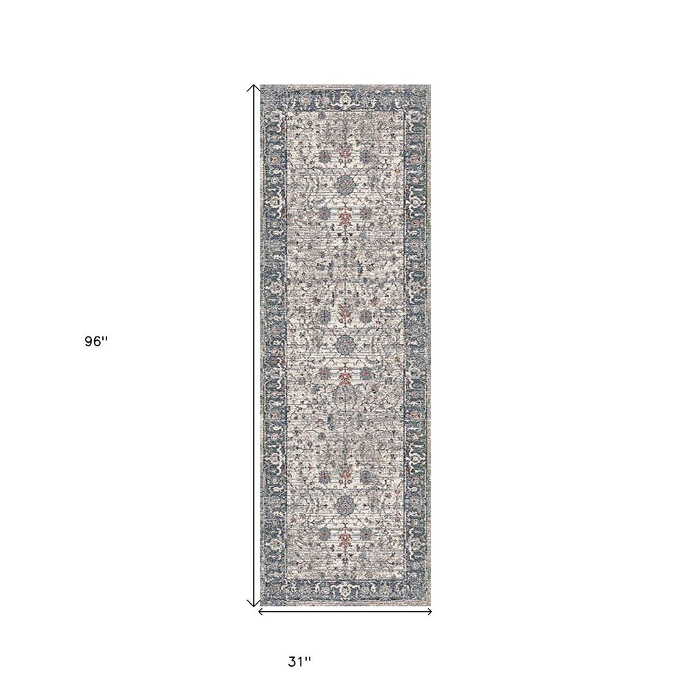 8' Ivory Blue And Gray Oriental Runner Rug
