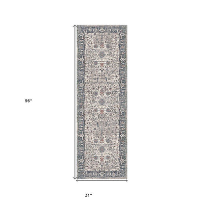 8' Ivory Blue And Gray Oriental Runner Rug