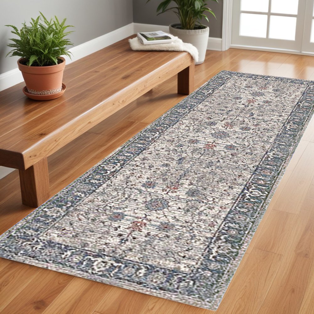 8' Ivory Blue And Gray Oriental Runner Rug