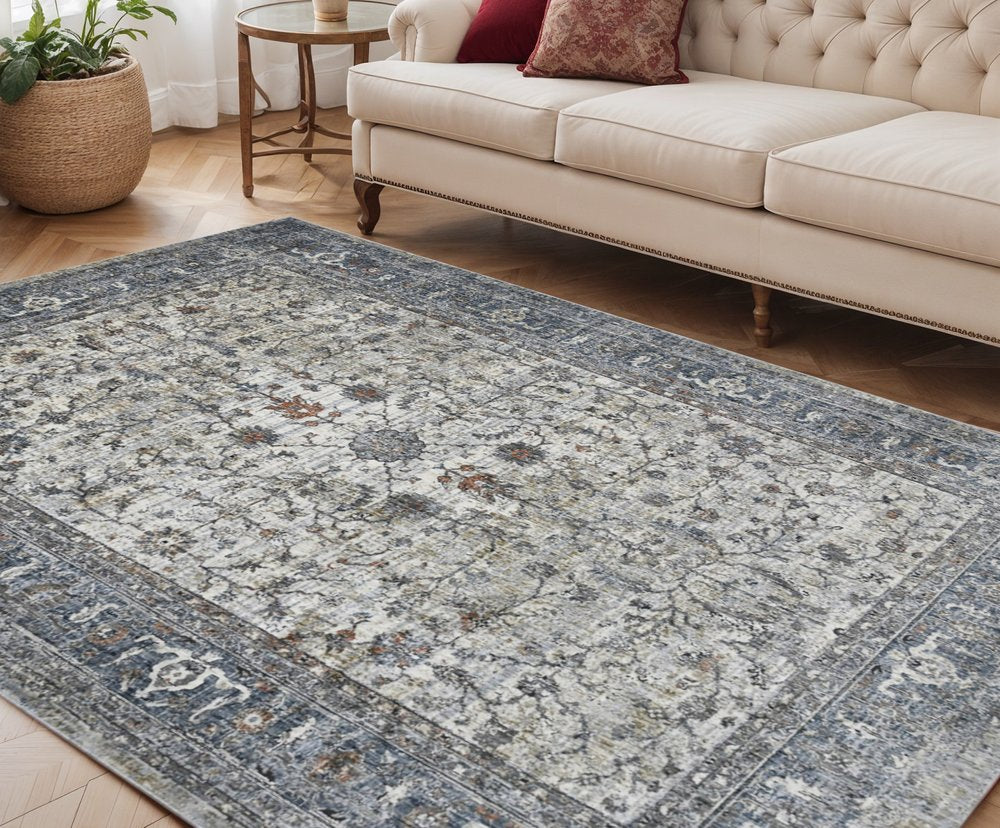 8' Ivory Blue And Gray Oriental Runner Rug